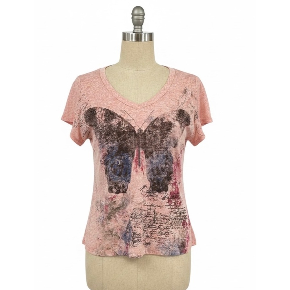 Eyeshadow Butterfly Graphic V-Neck Burnout T-Shirt Pink 2X